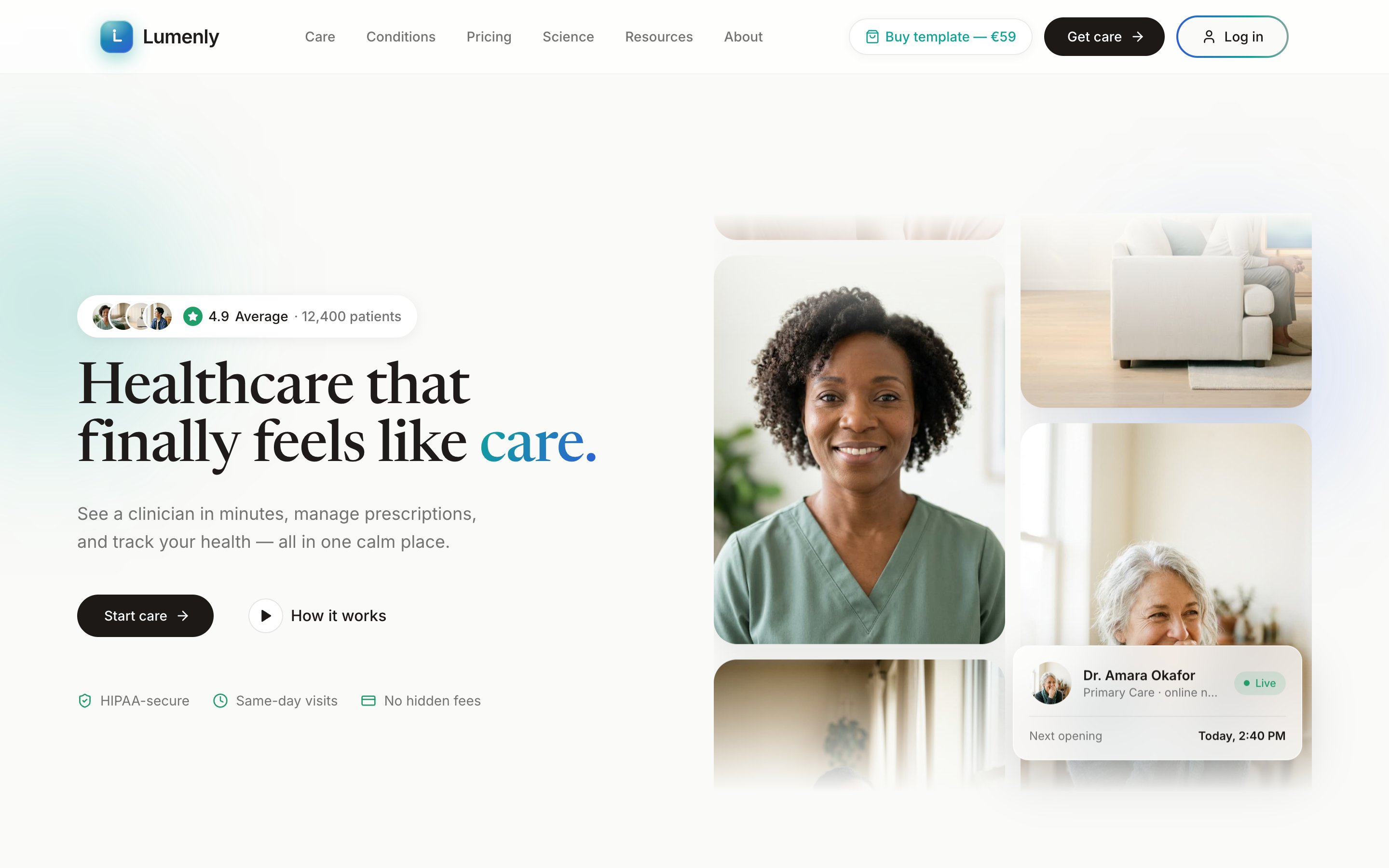 Lumenly — Calm Telehealth Website Template (HTML + React)