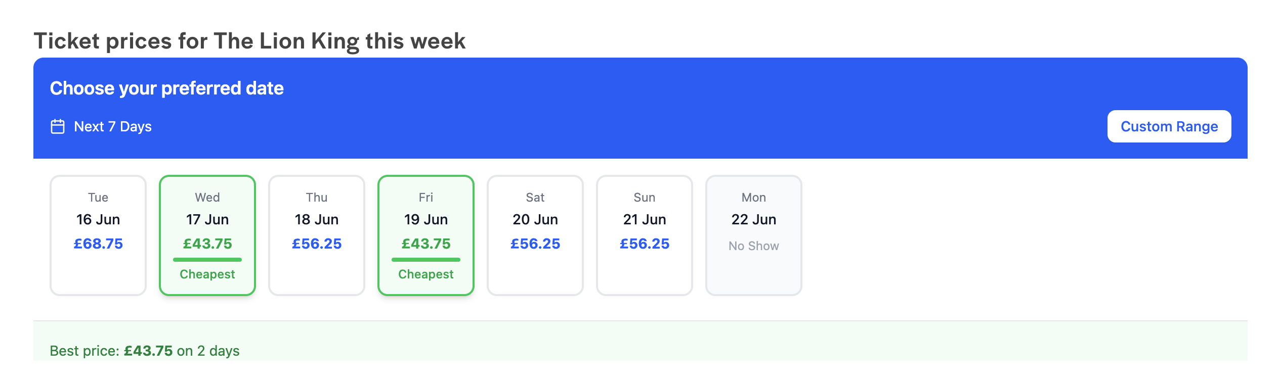 Interactive ticket price widget