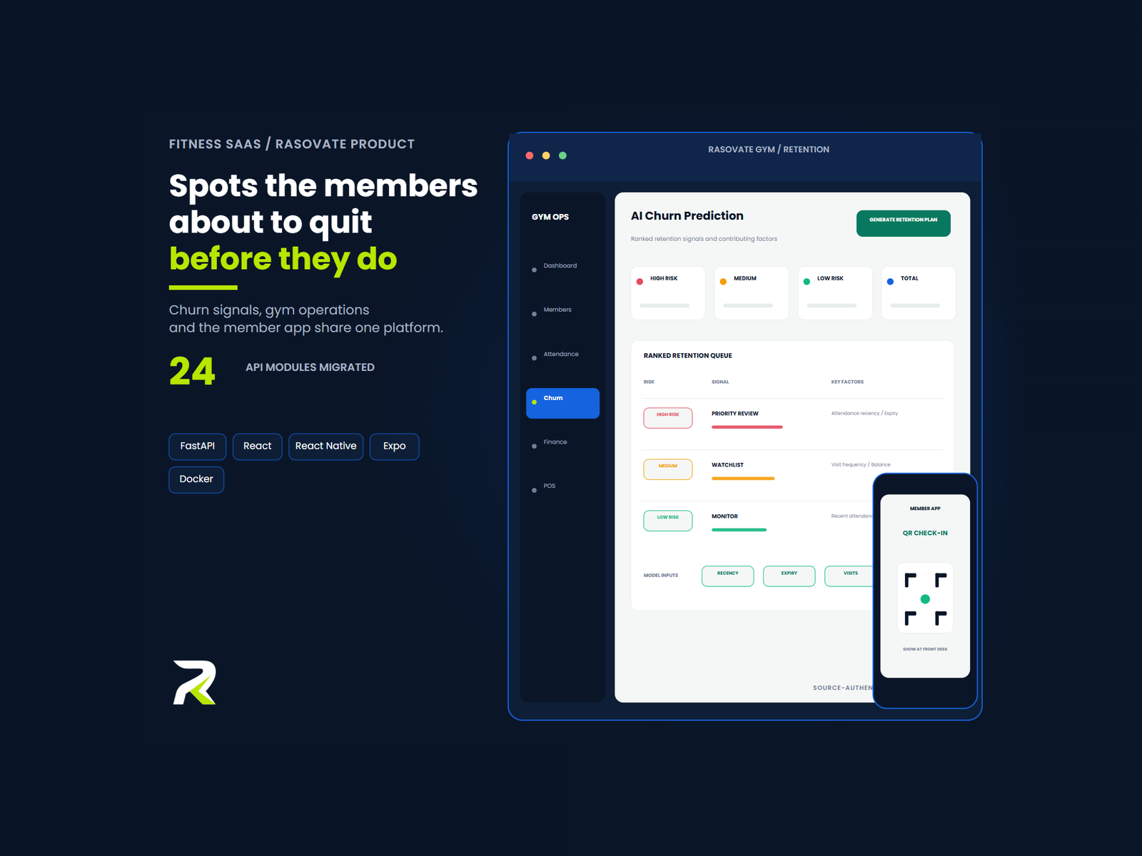 Gym SaaS: legacy PHP rewrite with churn prediction and a member app