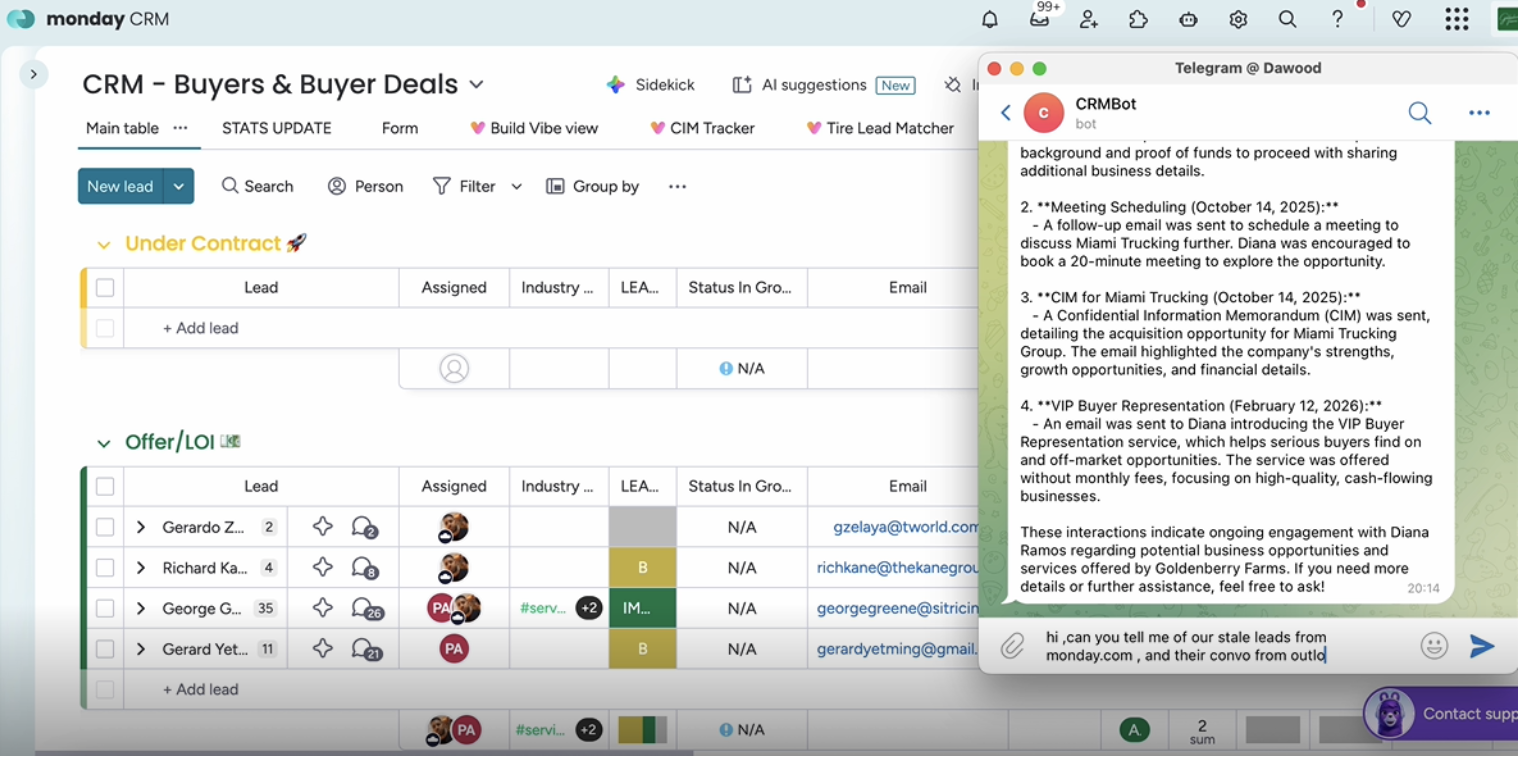 Monday CRM | Gmail | Outlook | WhatsApp Integration Bot