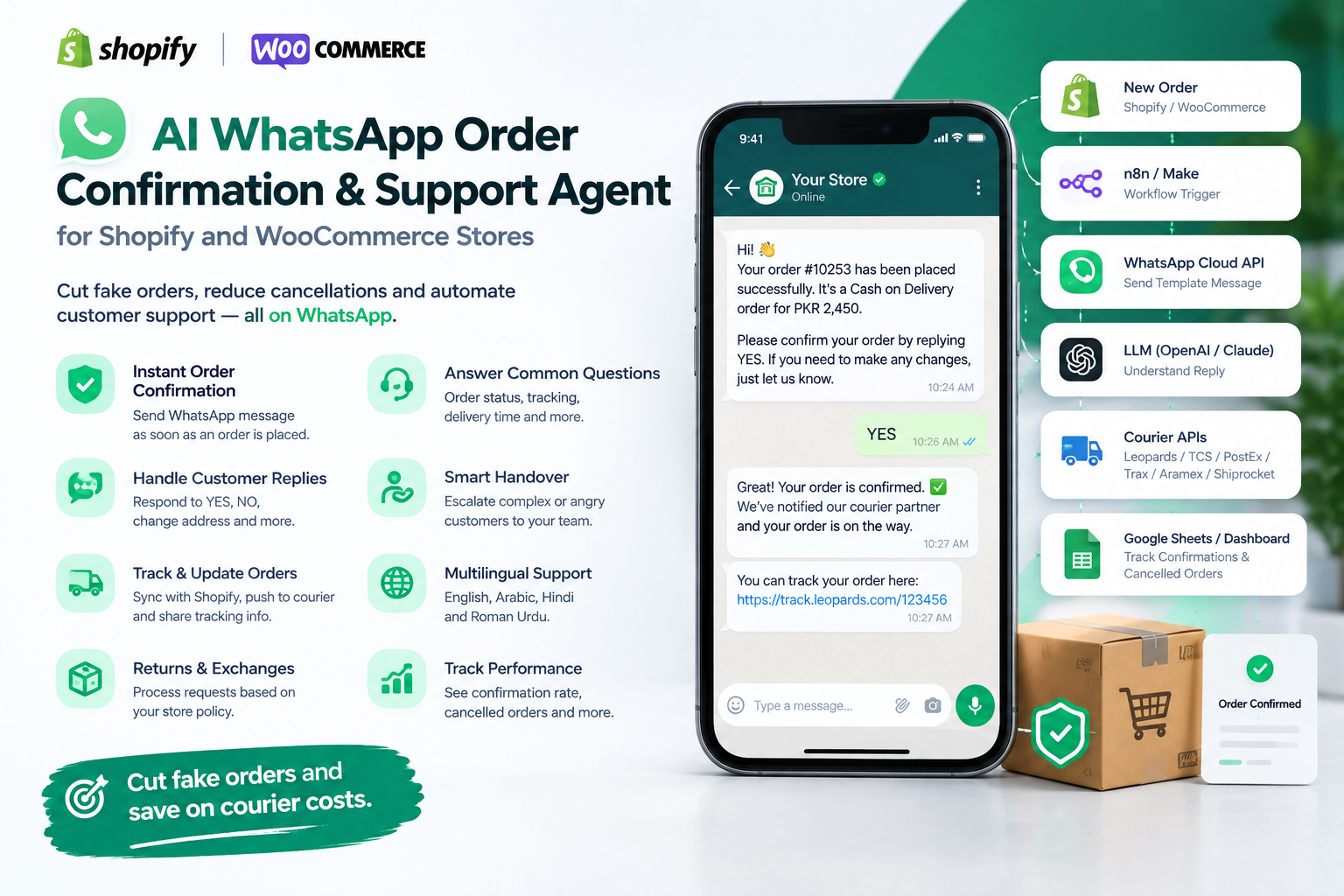 AI WhatsApp Order Confirmation and Support Agent for Shopify and WooCommerce Stores