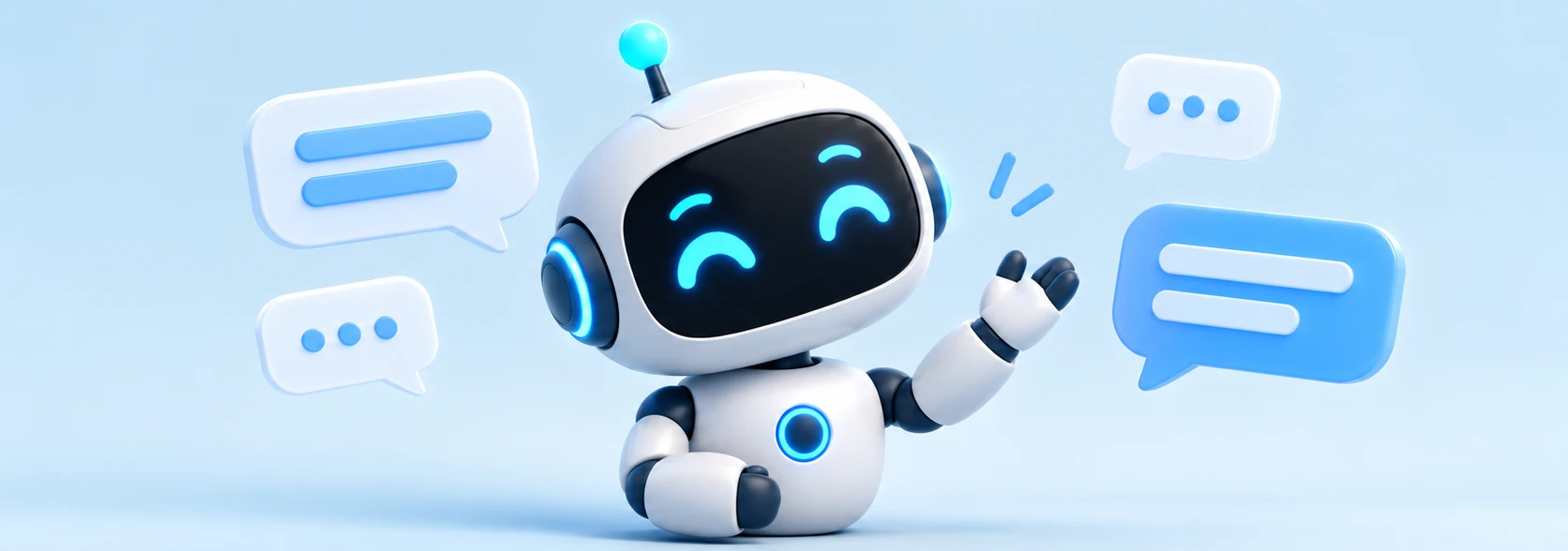Friendly AI chatbot surrounded by conversation bubbles, representing interactive customer communication.