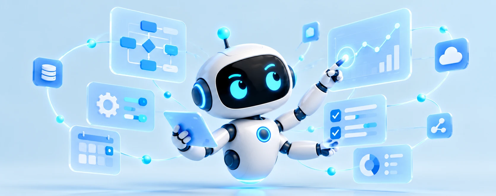 AI agent managing connected tools, workflows, data, and automated tasks.